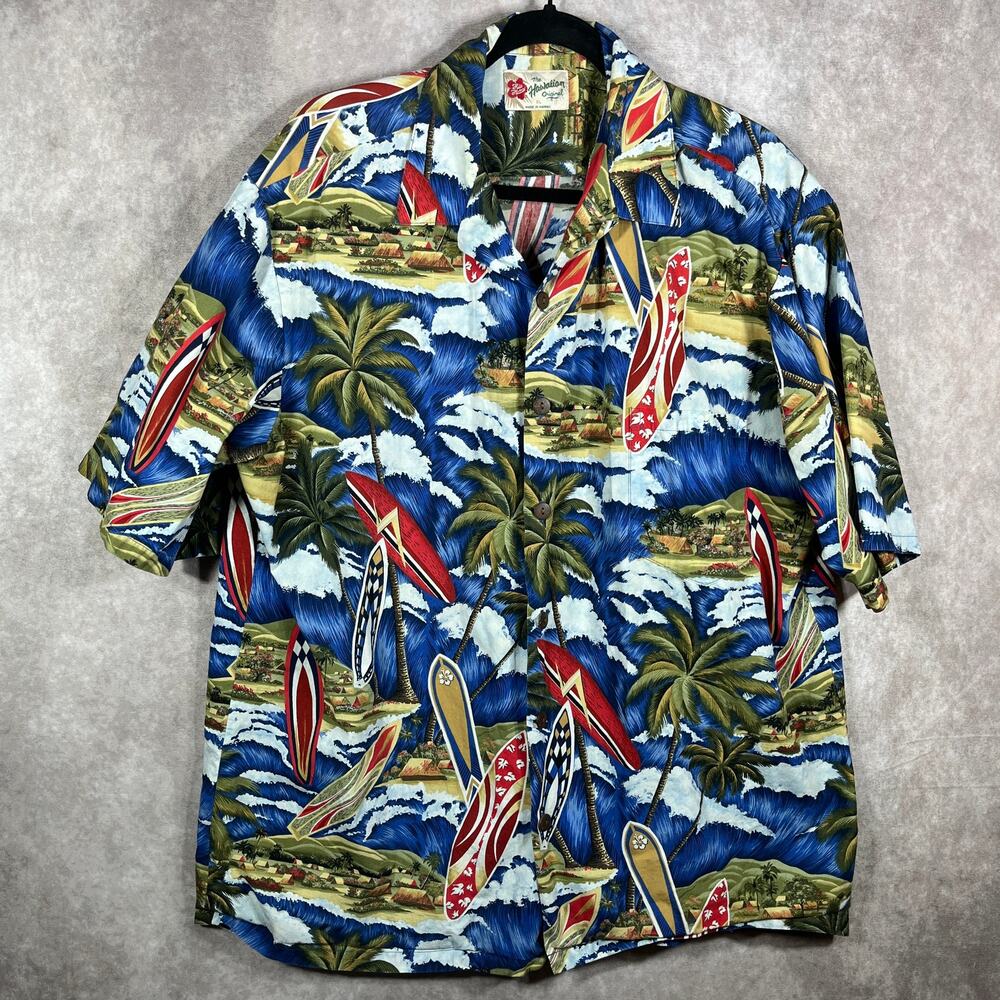 Hilo Hattie Hawaiian Camp Shirt Men XL Blue Surf Board Print Beach Summer Resort